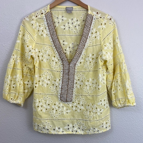 Chico’s Boho Embroidered and Beaded Yellow Cotton Blouse Top Size 4/6 Petite - Picture 1 of 9